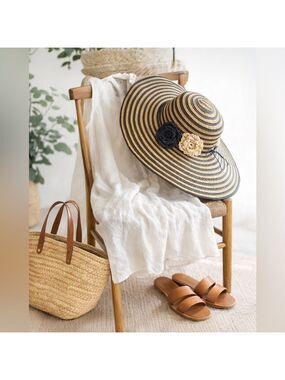 Sun Hat Wide Brim Straw Striped Floral Beach Resort Garden Party